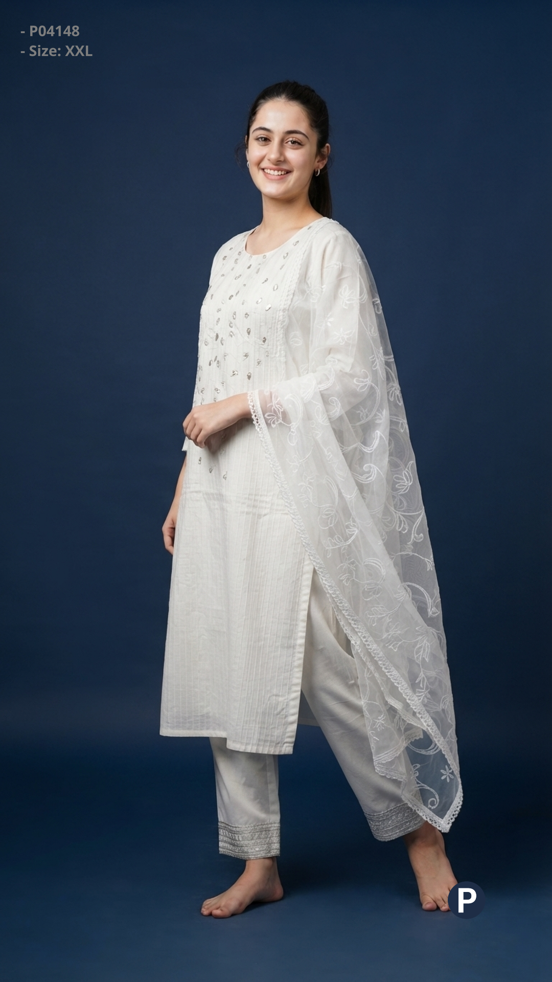 White Cotton Embroidered Kurti Set | P04148