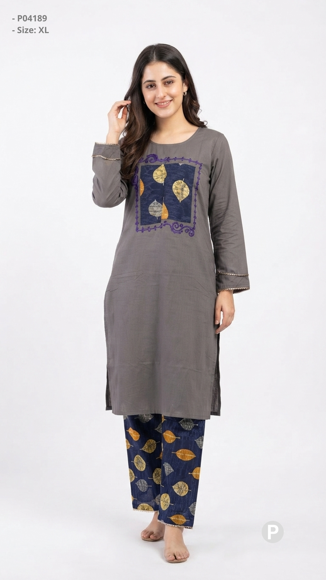 Grey & Navy Blue Cotton Printed Kurti Set | P04189