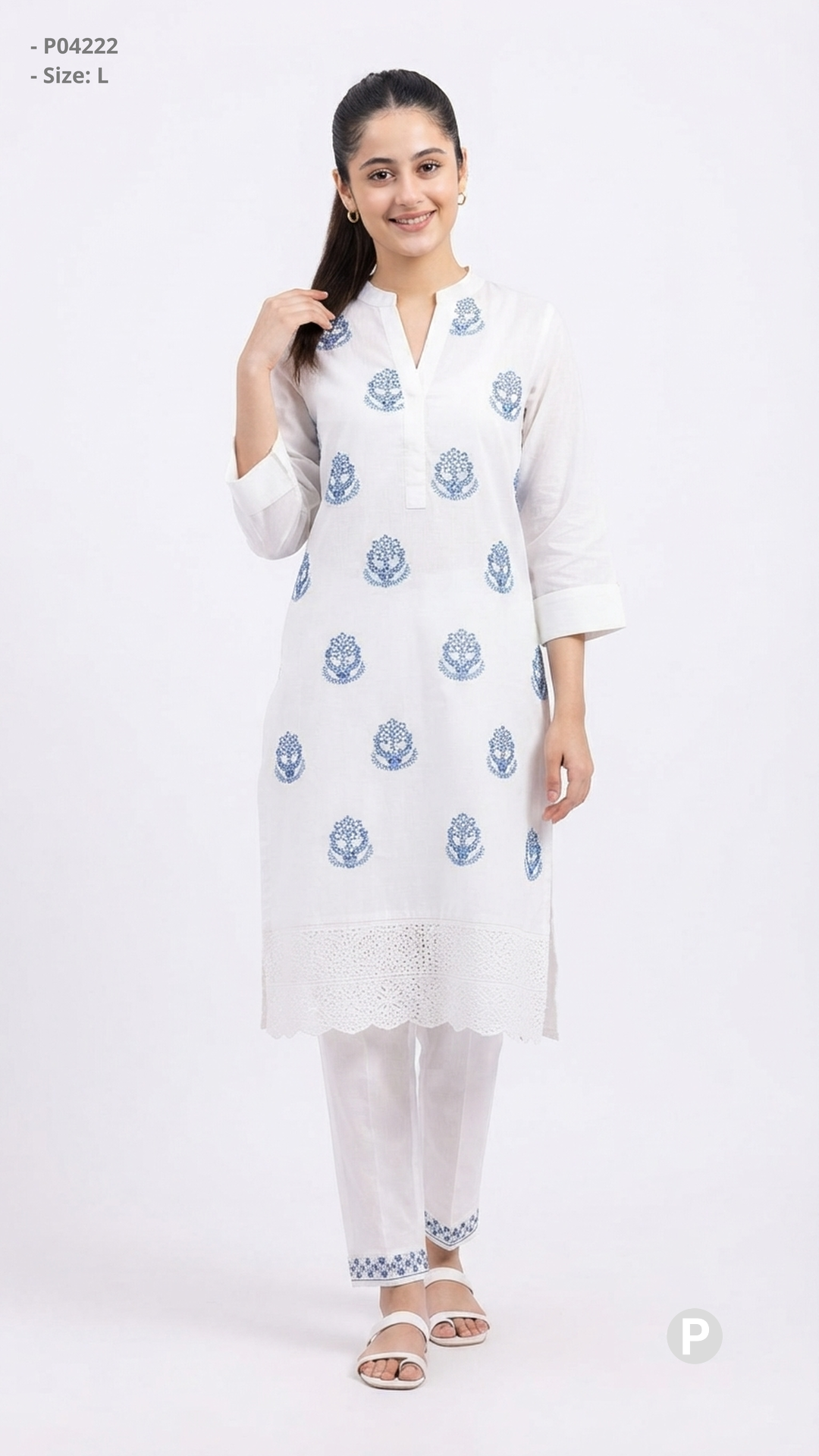 White Cotton Printed Kurti Set | P04222