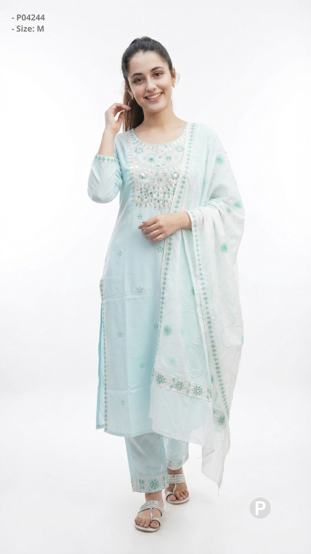 Light Blue Cotton Printed Chikankari Kurti Set | P04244