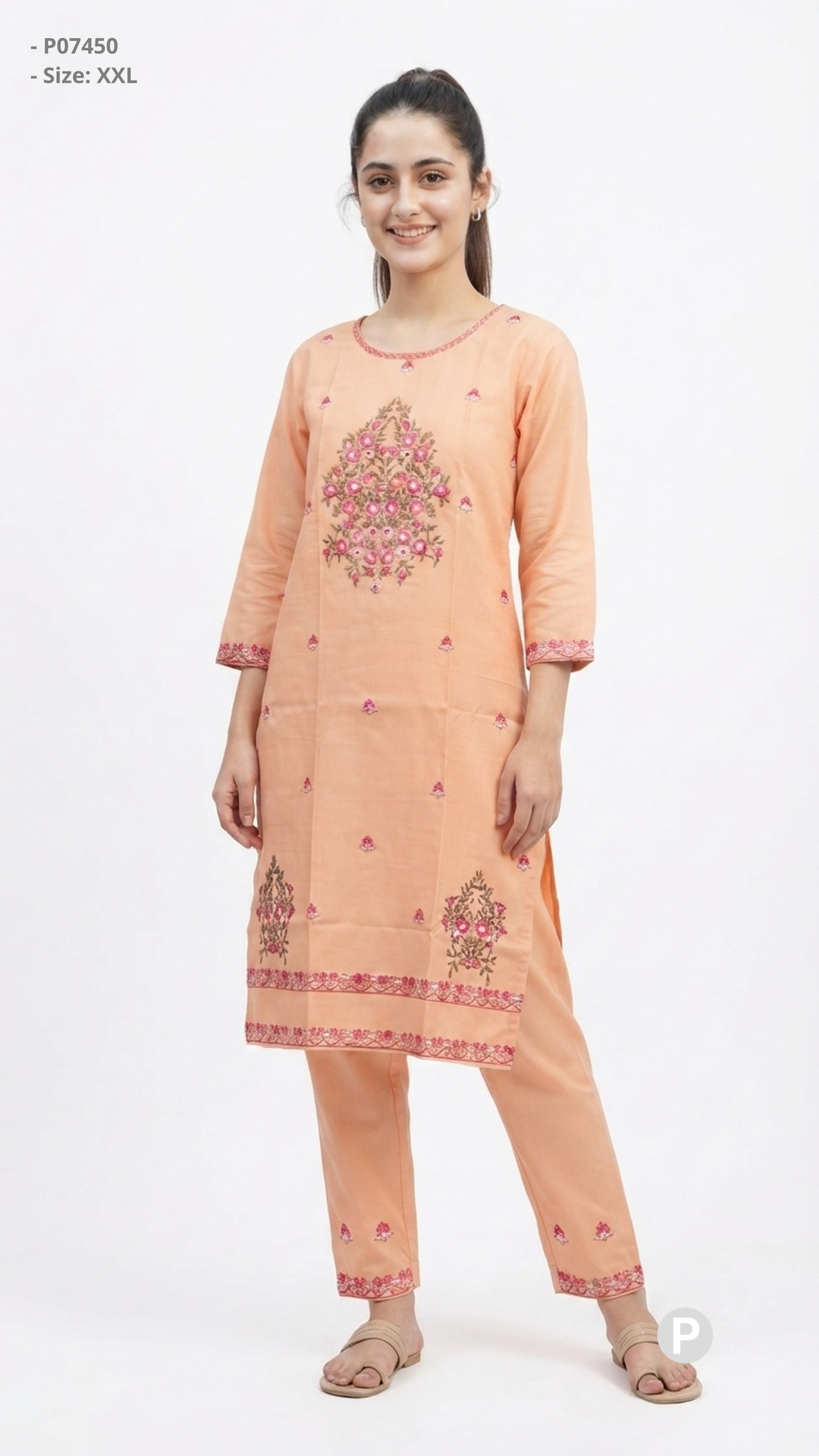 Pink Cotton Embroidered Kurti Set | P07450