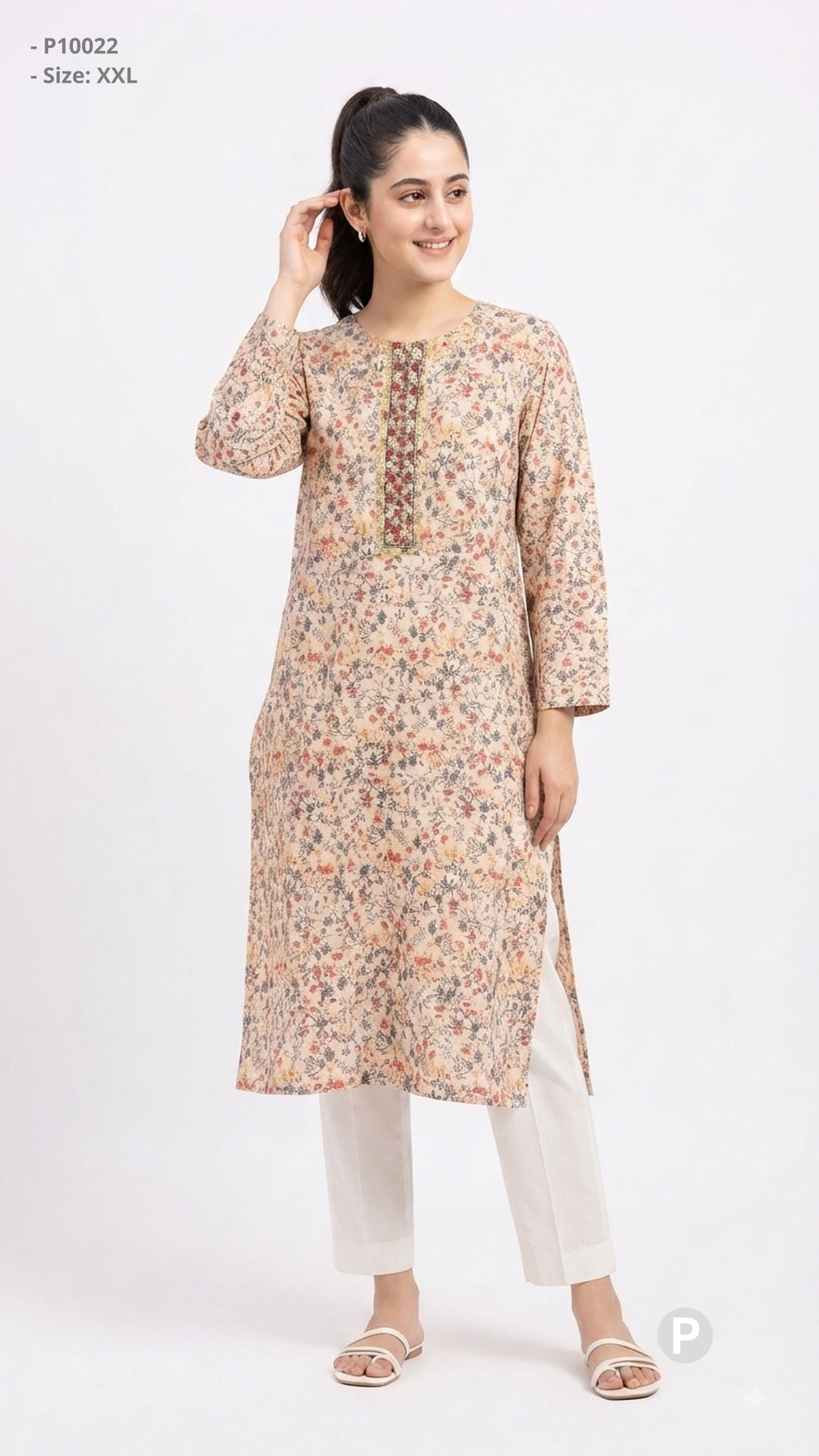 Beige Cotton Straight Single Kurti | P10022