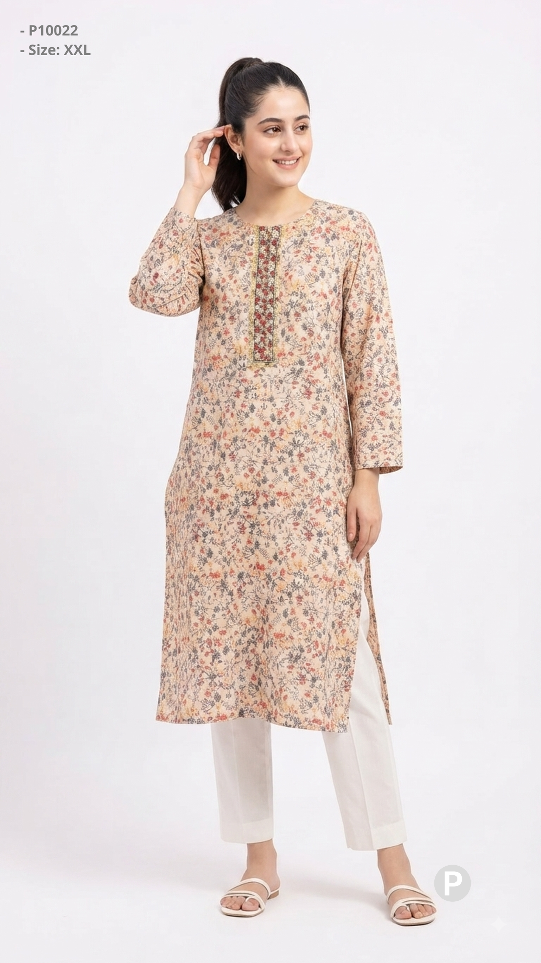 Beige Cotton Straight Single Kurti | P10022
