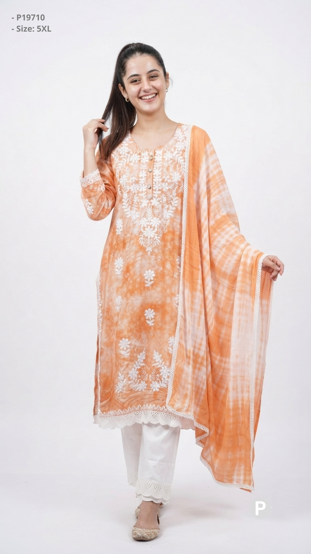 Orange Cotton Chikankari Kurti Set with Dupatta | P19710