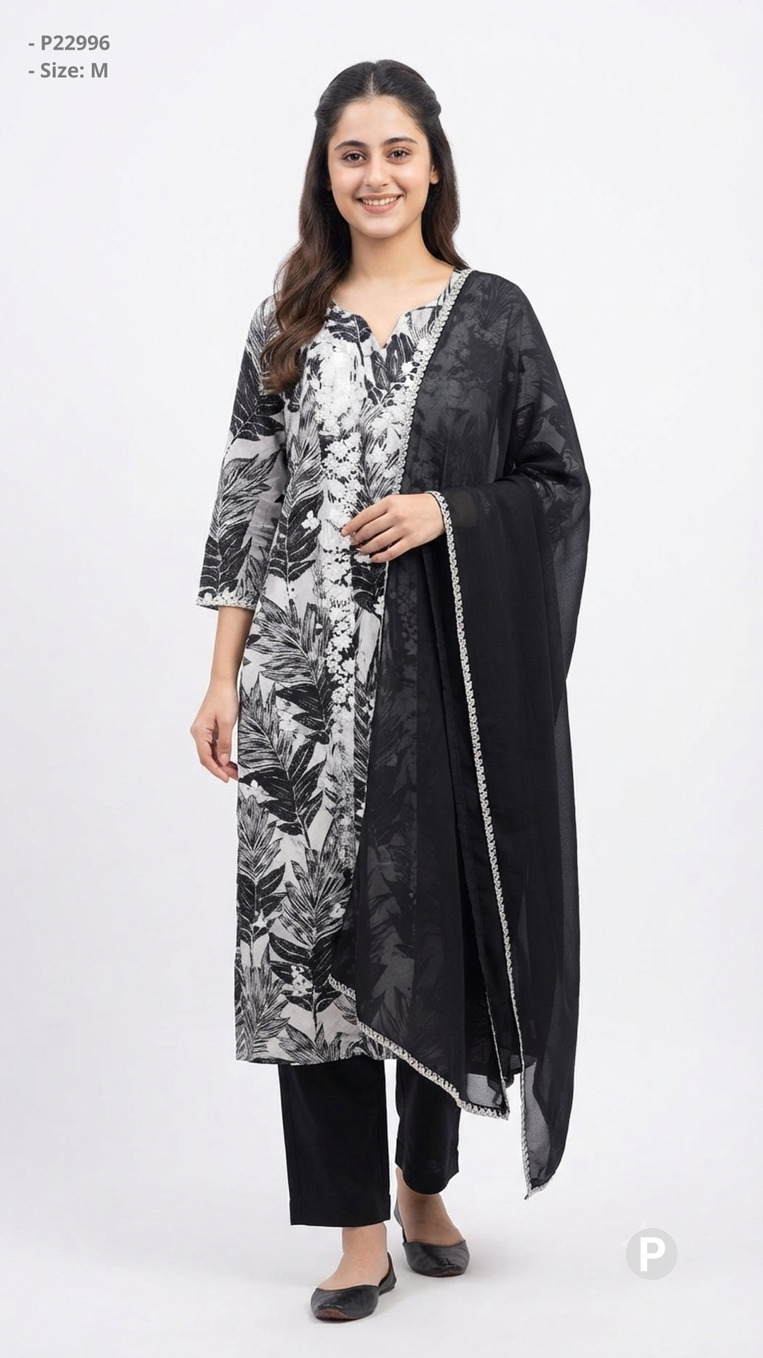White Black Cotton Printed Kurti Set | P22996