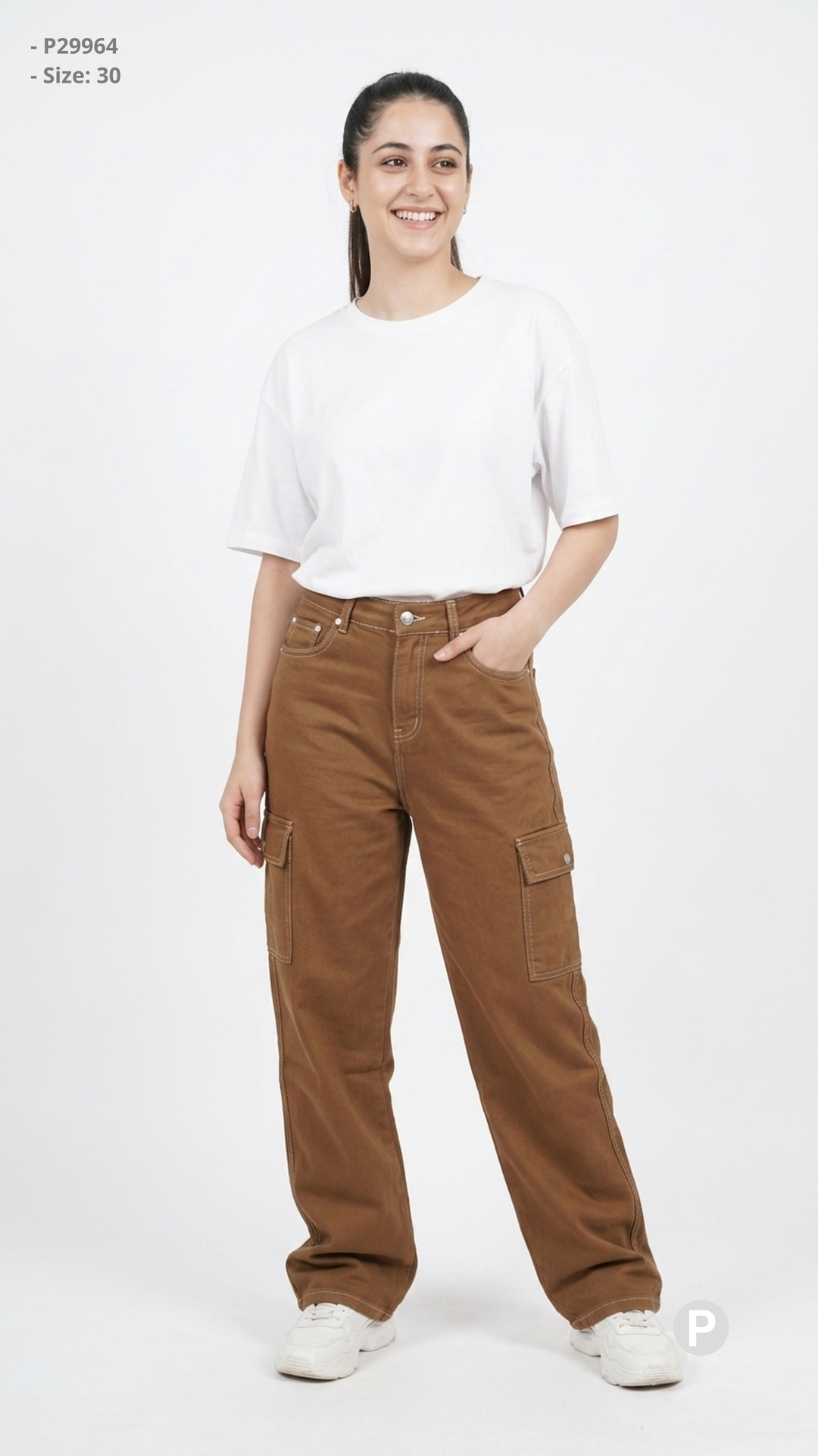 Brown Denim Loose Cargo Jeans | P29964