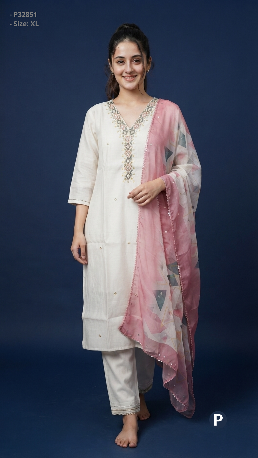 Off White Cotton Straight Printed Kurti Set | P32851