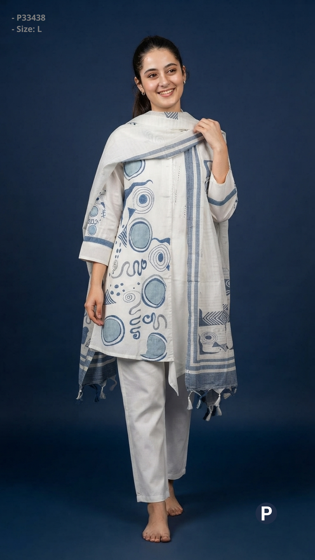 White Cotton Printed Short Kurti| P33438