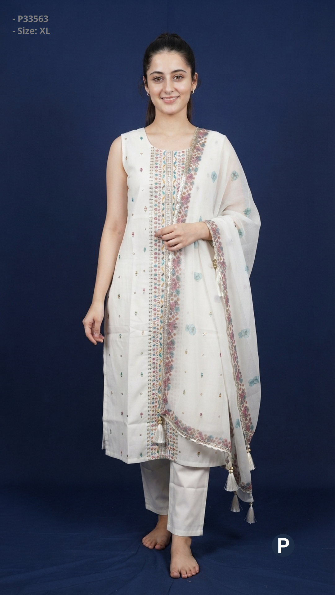 White Cotton Printed Kurti Set | P33563