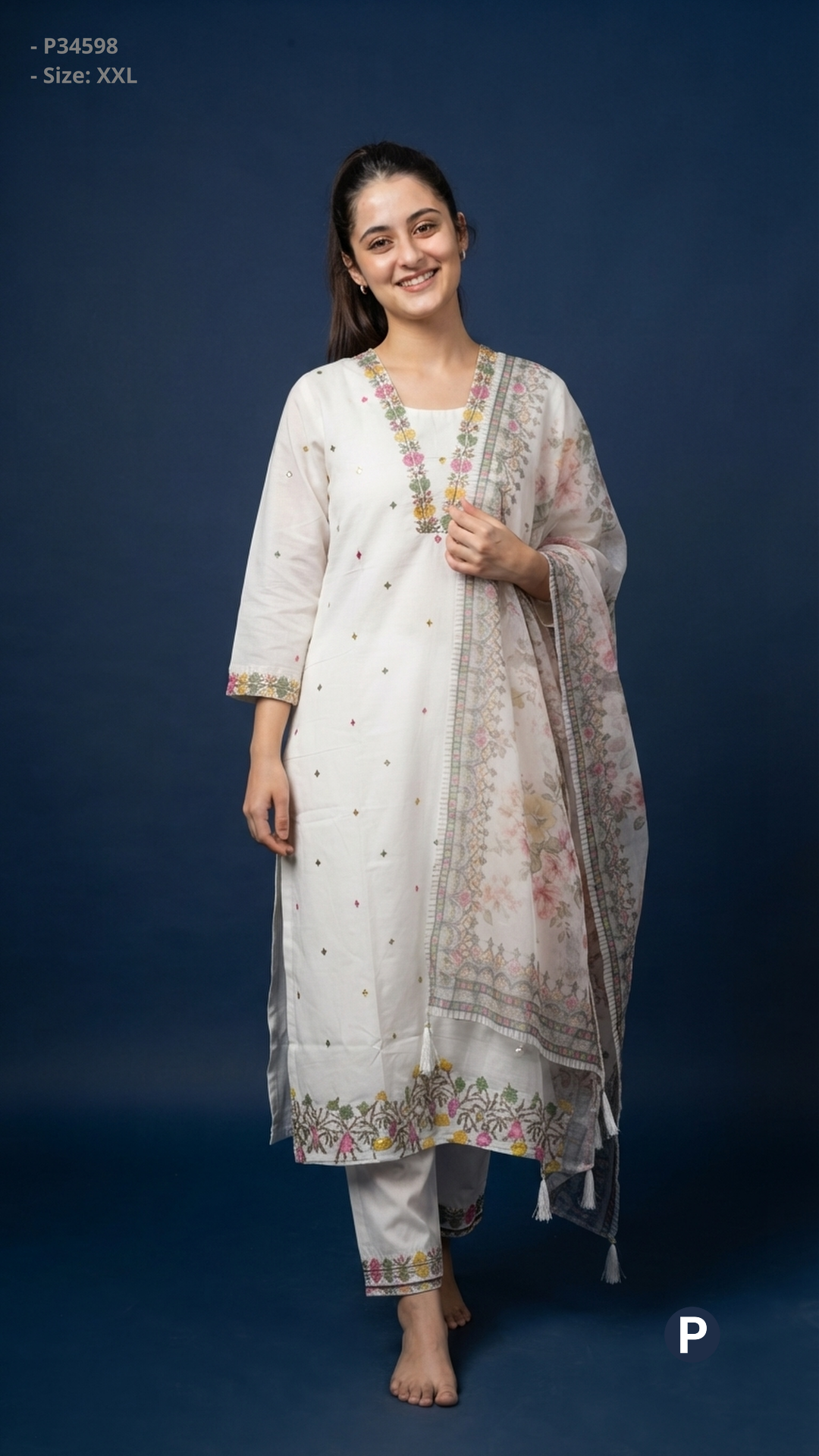 White Cotton Embroidered Kurti Set | P34598