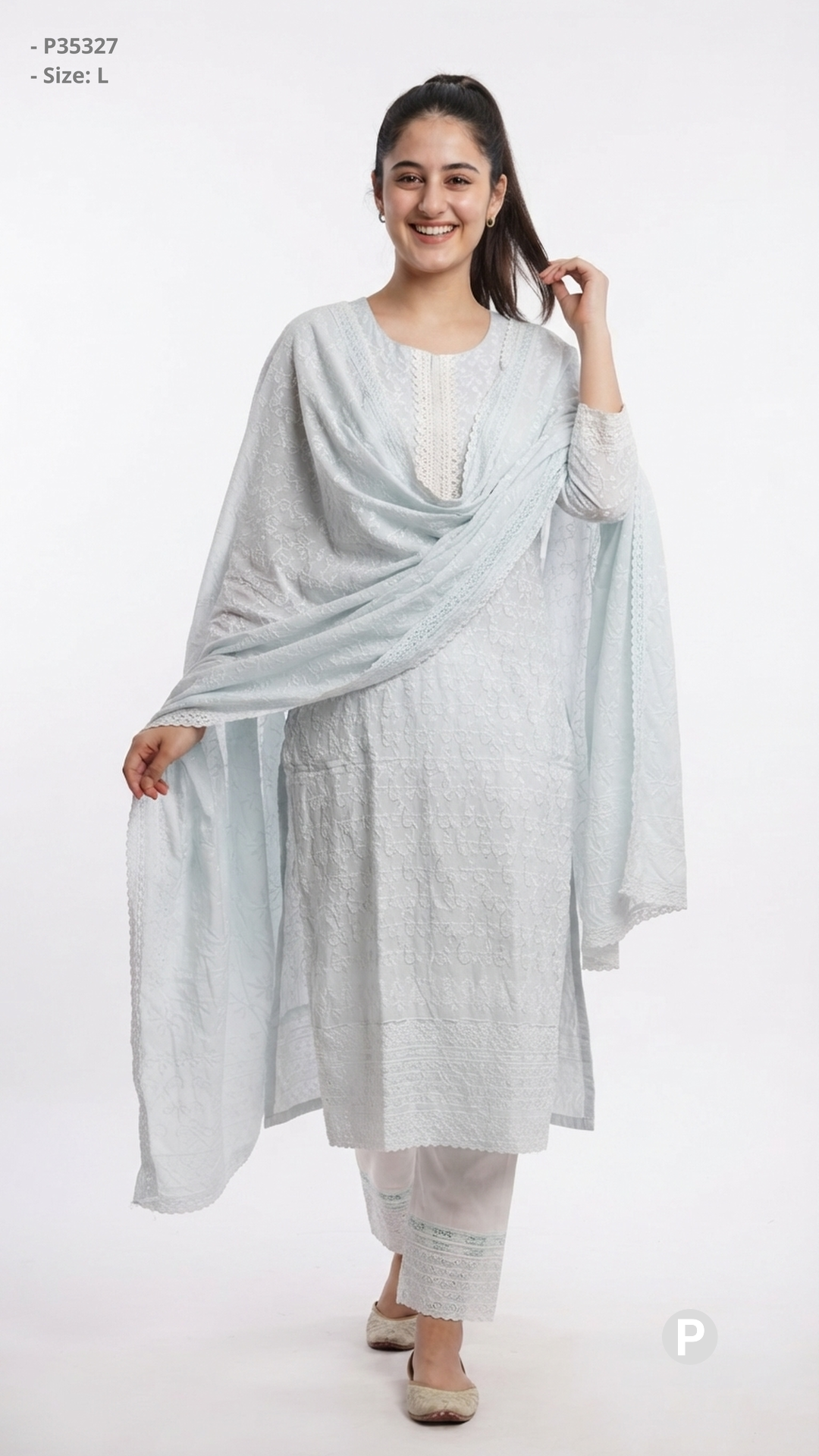 Light Blue Cotton Printed Kurti Set | P35327