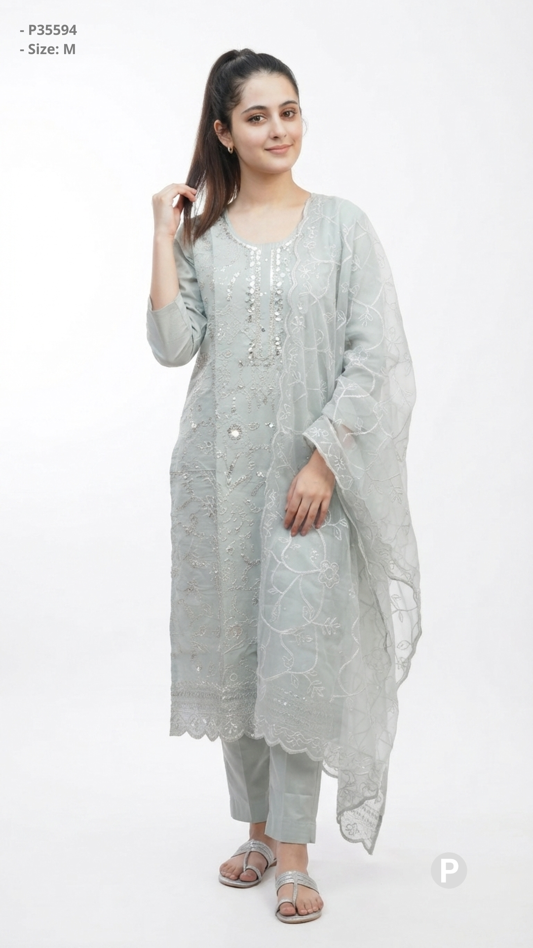 Light Green Cotton Embroidered Kurti Set | P35594