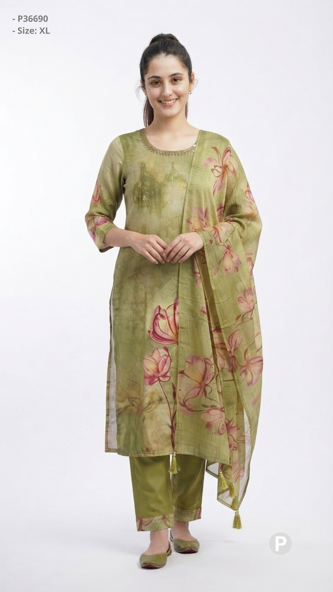 Olive Green Cotton Printed Kurti Set | P36690