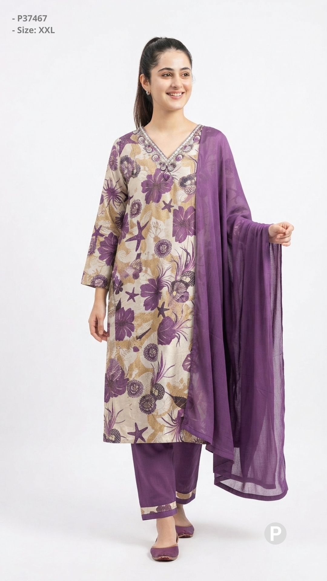Purple Floral Print Cotton Kurti Set | P37467