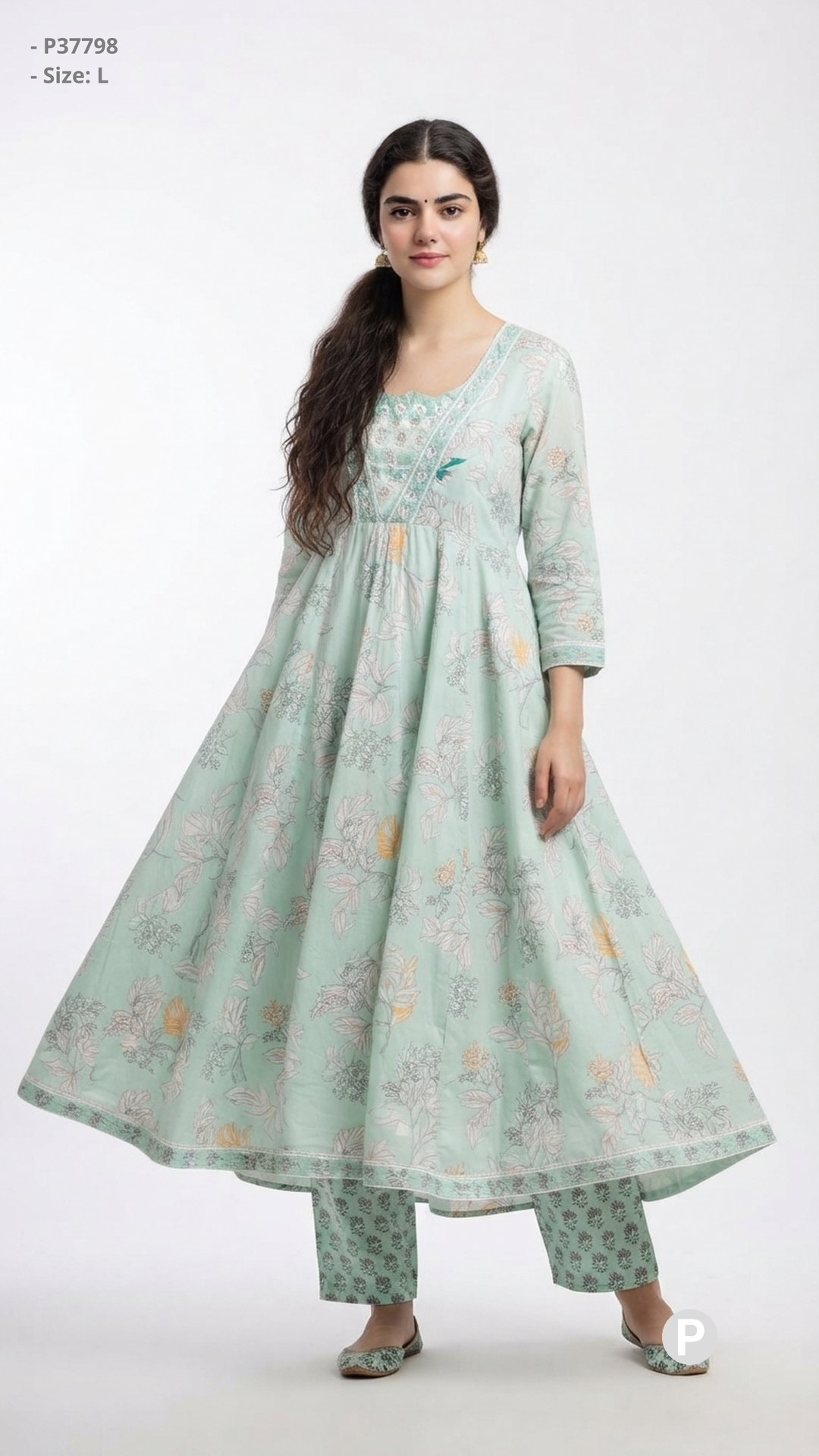 Light Green Cotton Printed Kurti Set | P37798