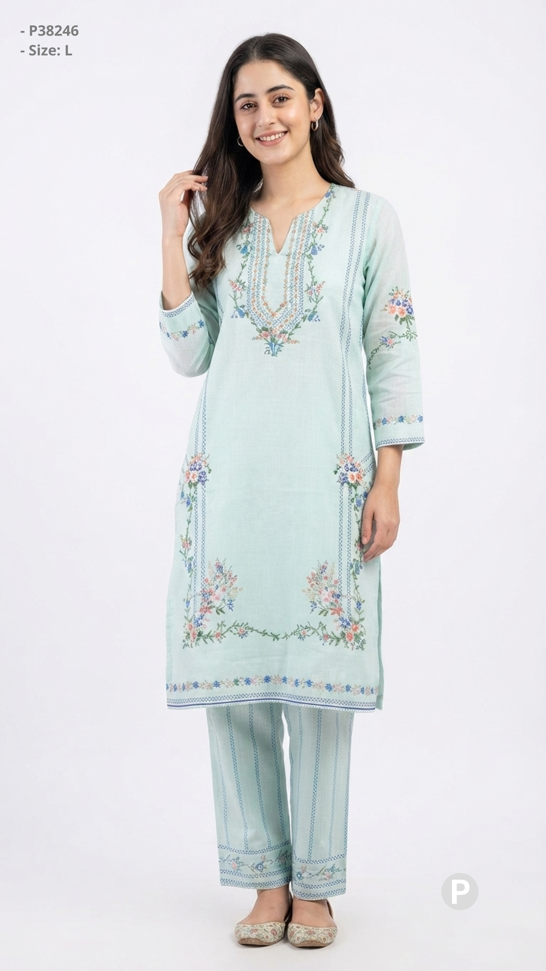 Light Blue Cotton Printed Kurti Set | P38246