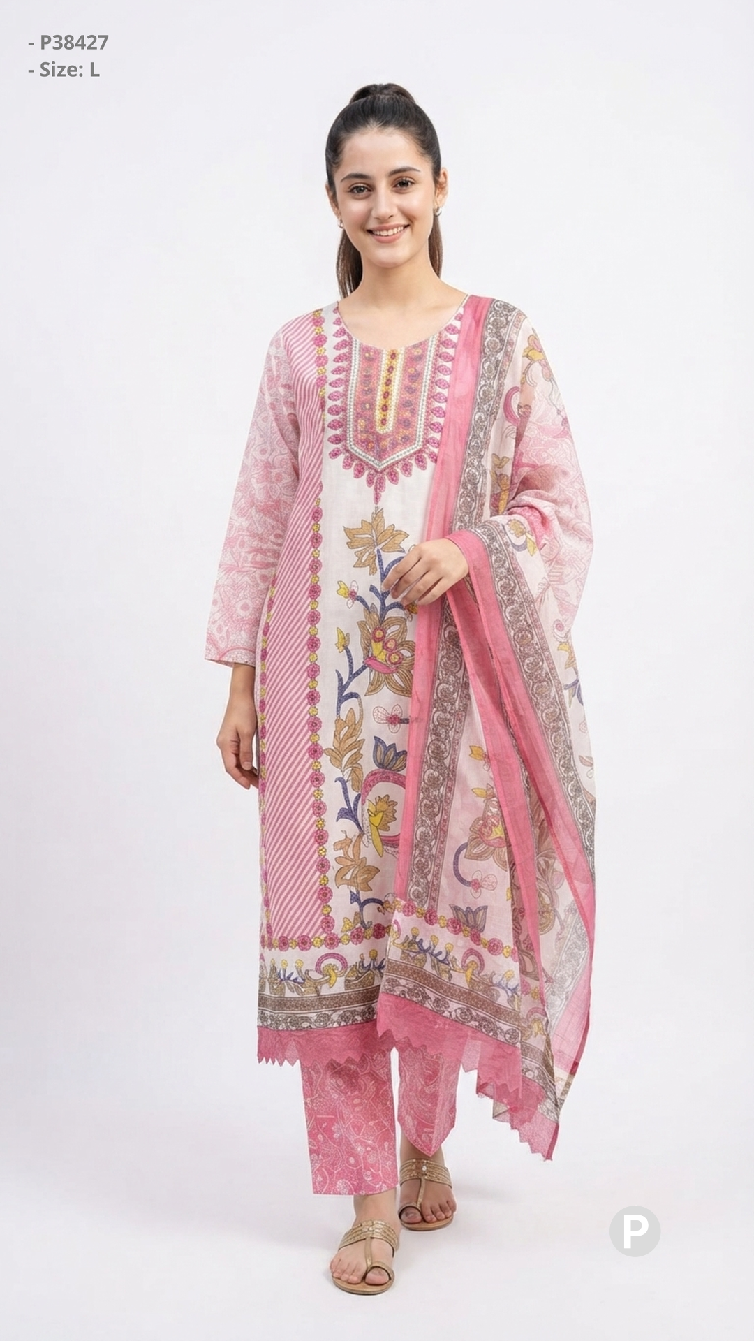 White Pink Cotton Printed Kurti Set | P38427