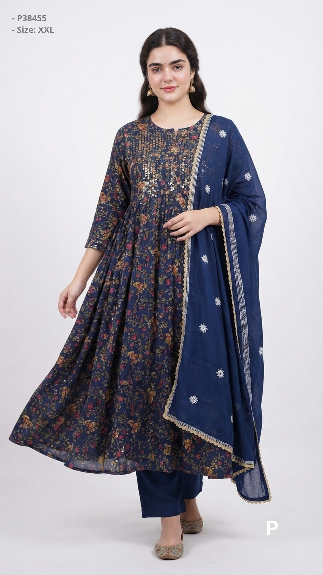 Dark Blue Cotton Printed Kurti Set | P38455