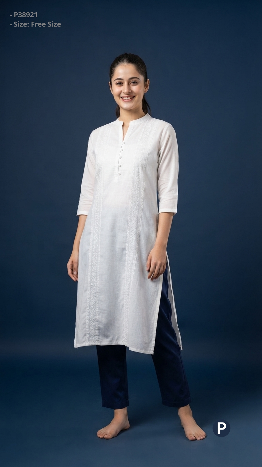 White Cotton Straight Single Kurti | P38921