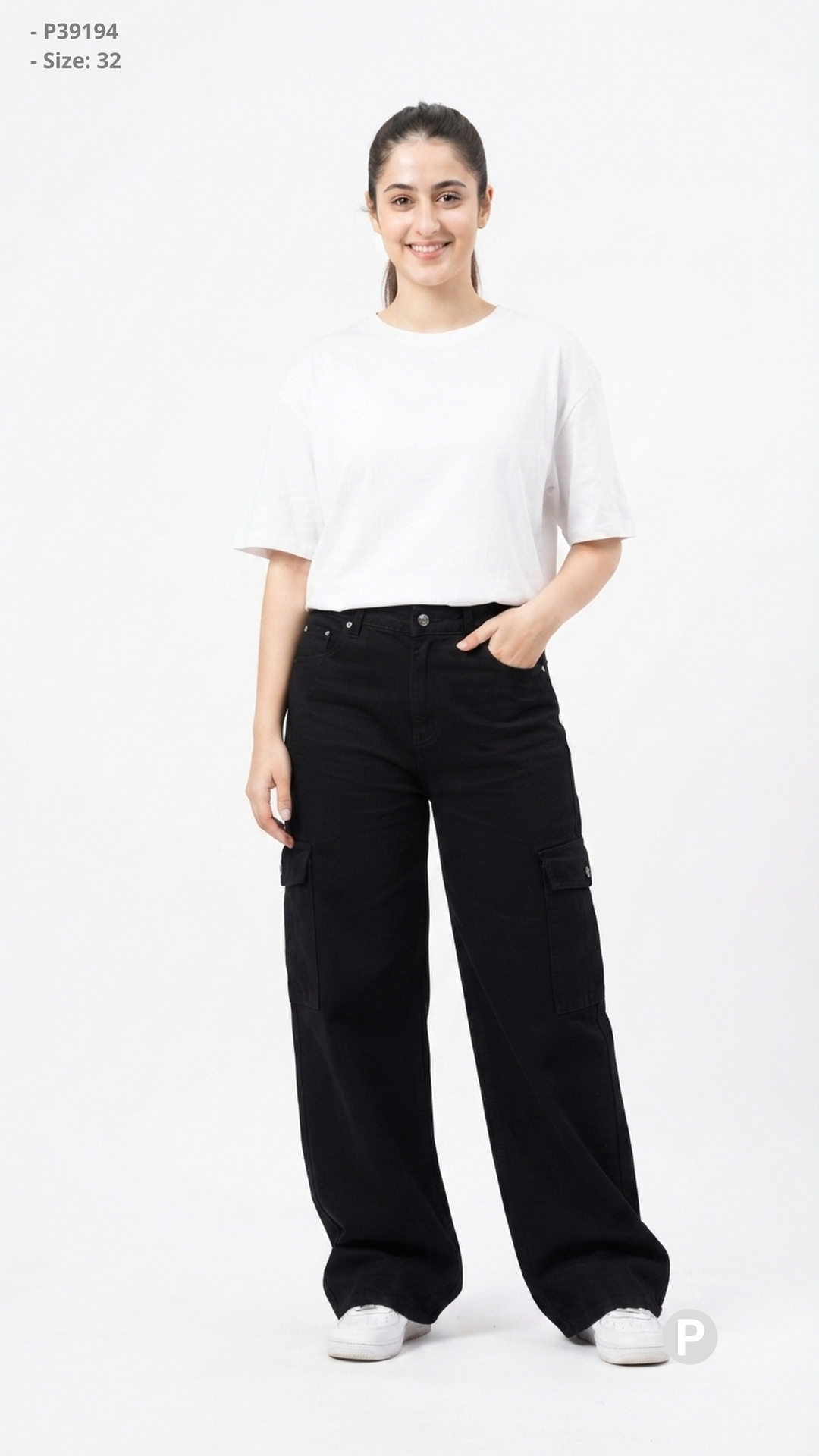 Black Denim Baggy Cargo Jeans | P39194