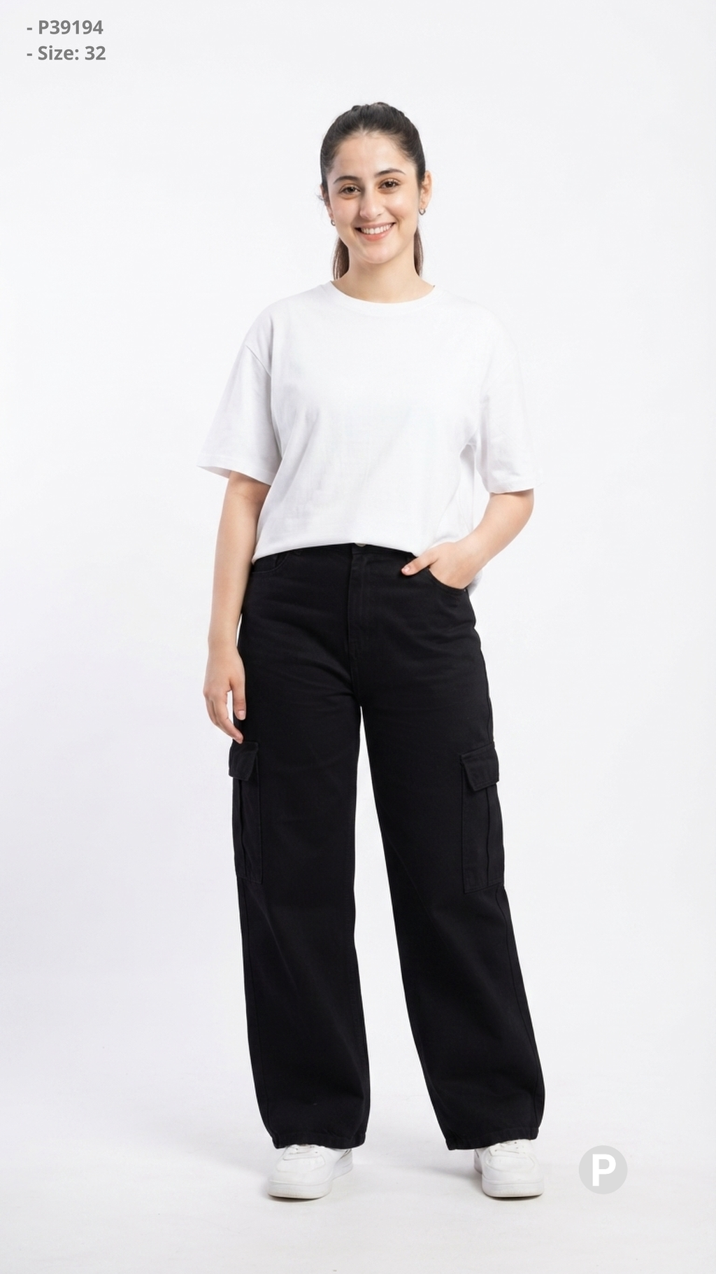Black Denim Baggy Cargo Jeans | P39194