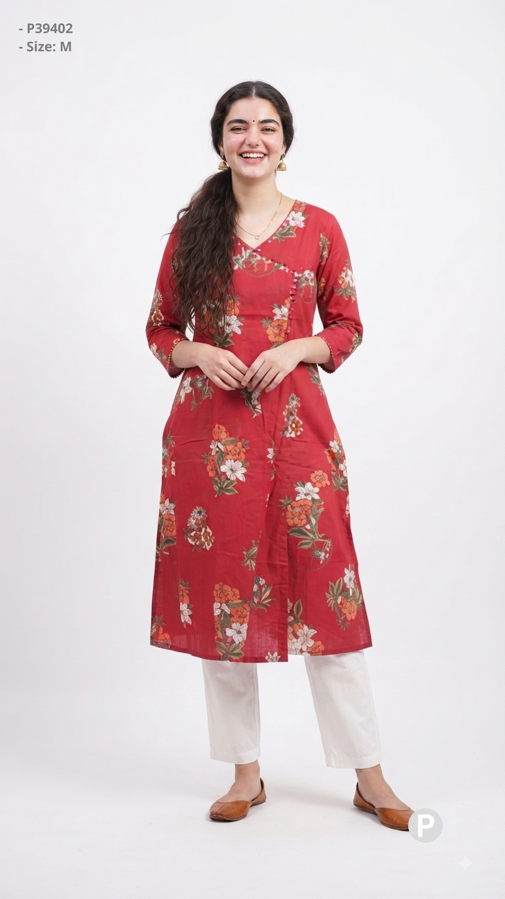 Red Cotton Straight Single Kurti | P39402