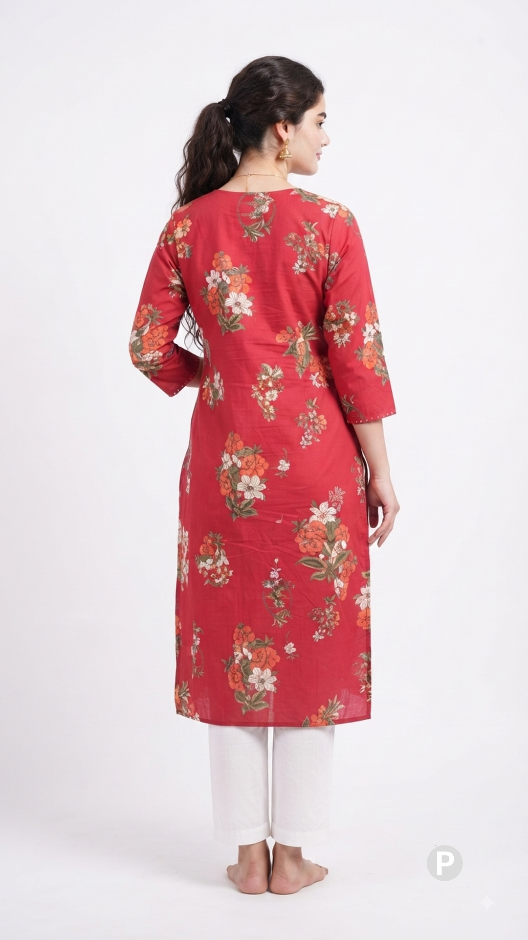 Red Cotton Straight Single Kurti | P39402