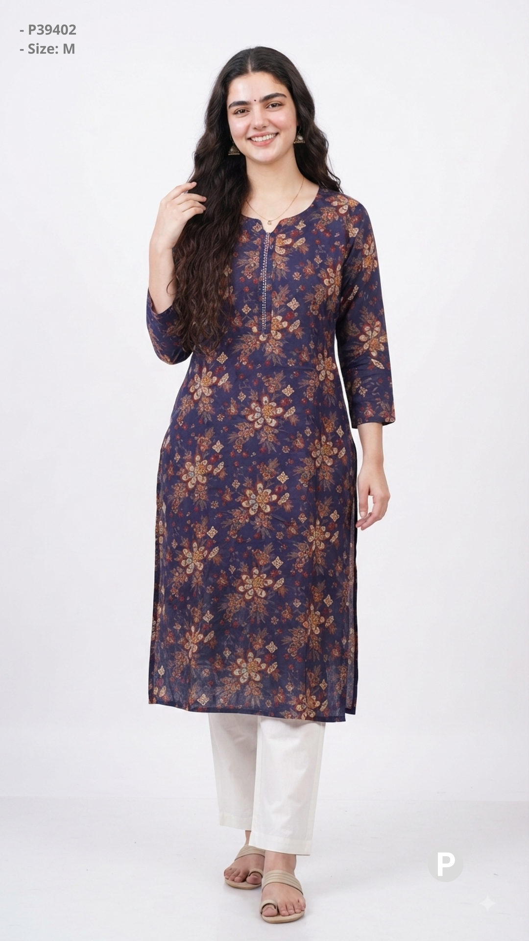 Dark Blue Cotton Straight Single Kurti | P39402