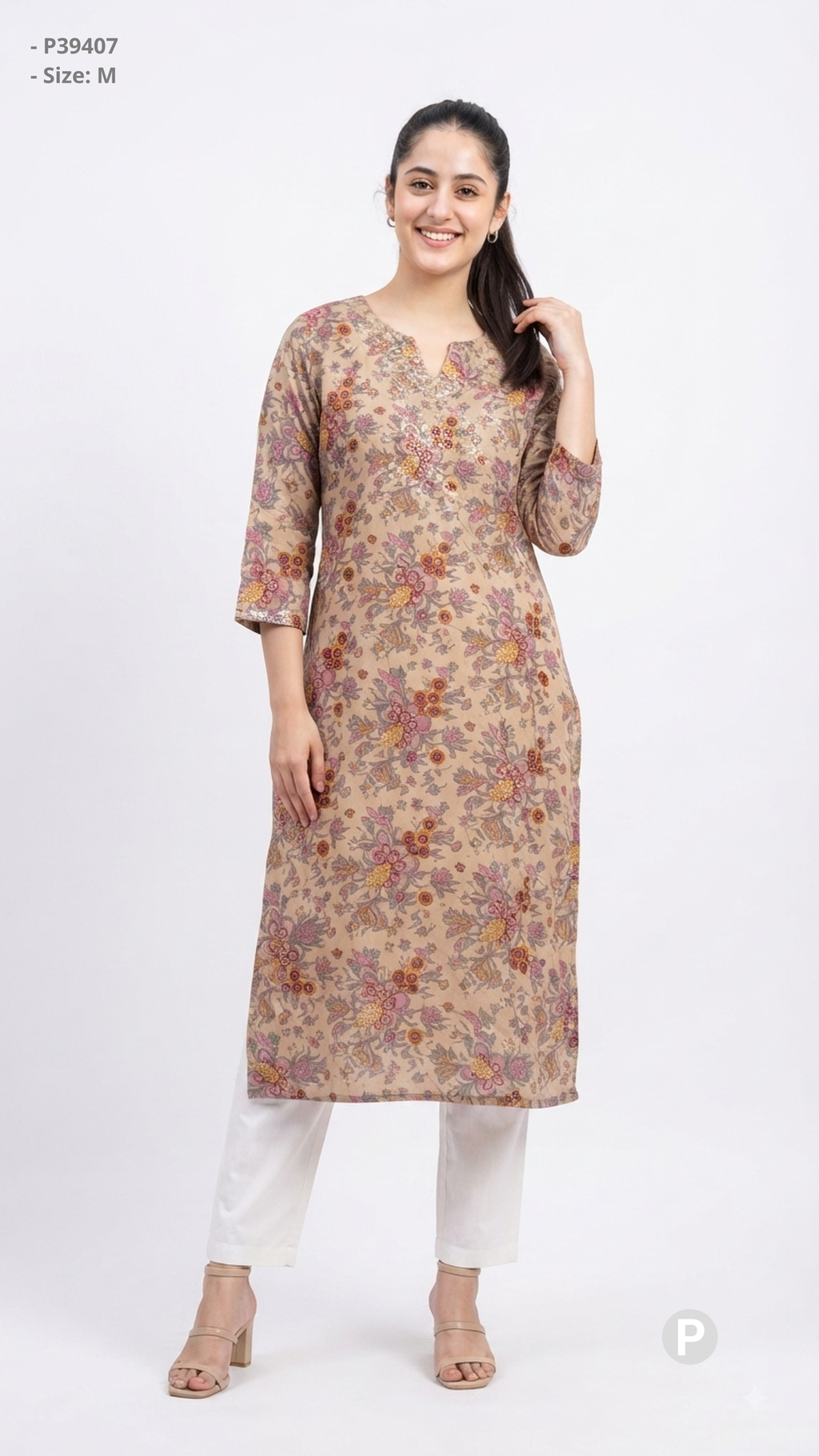 Beige Cotton Straight Single Kurti | P39407