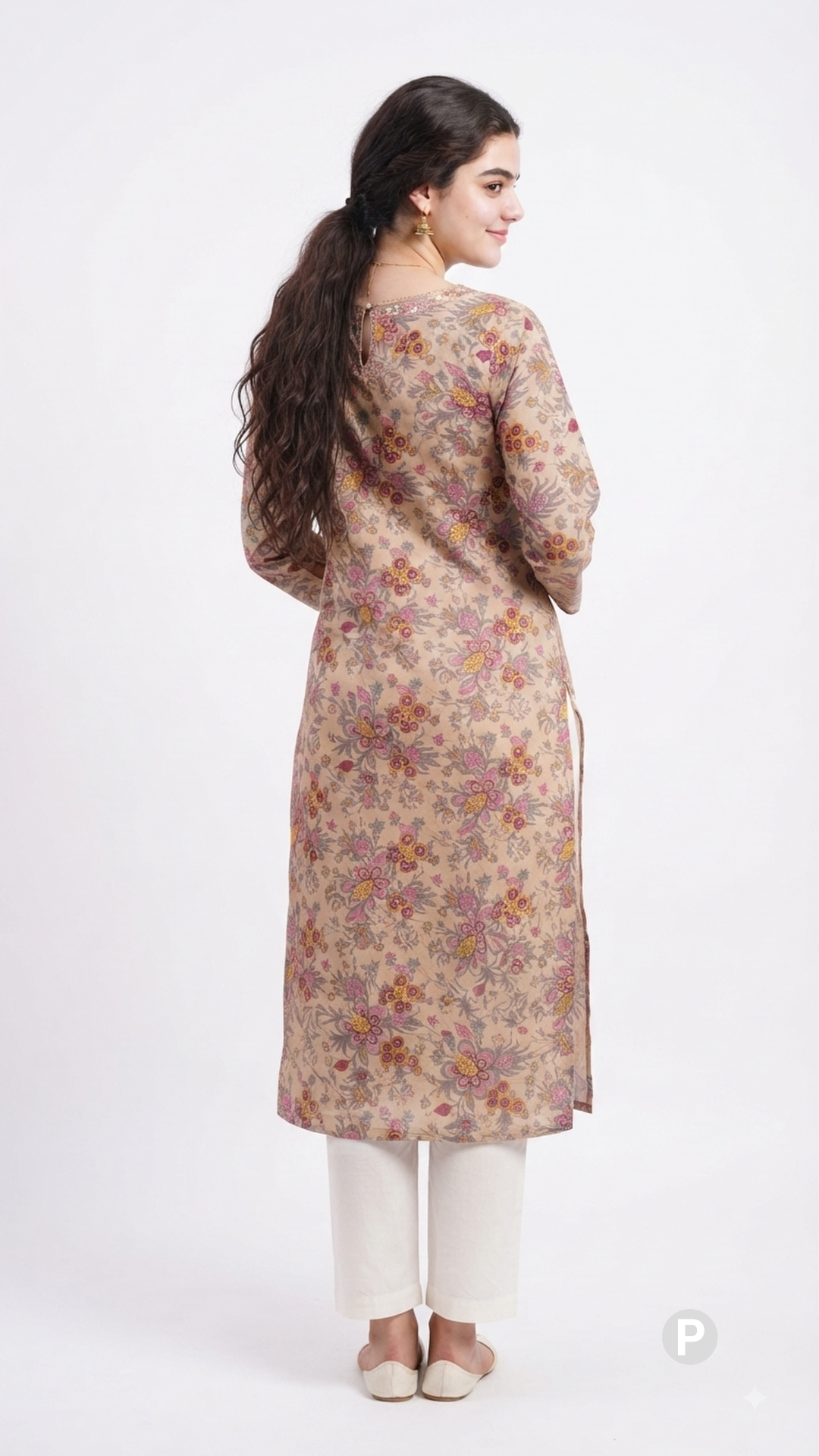 Beige Cotton Straight Single Kurti | P39407