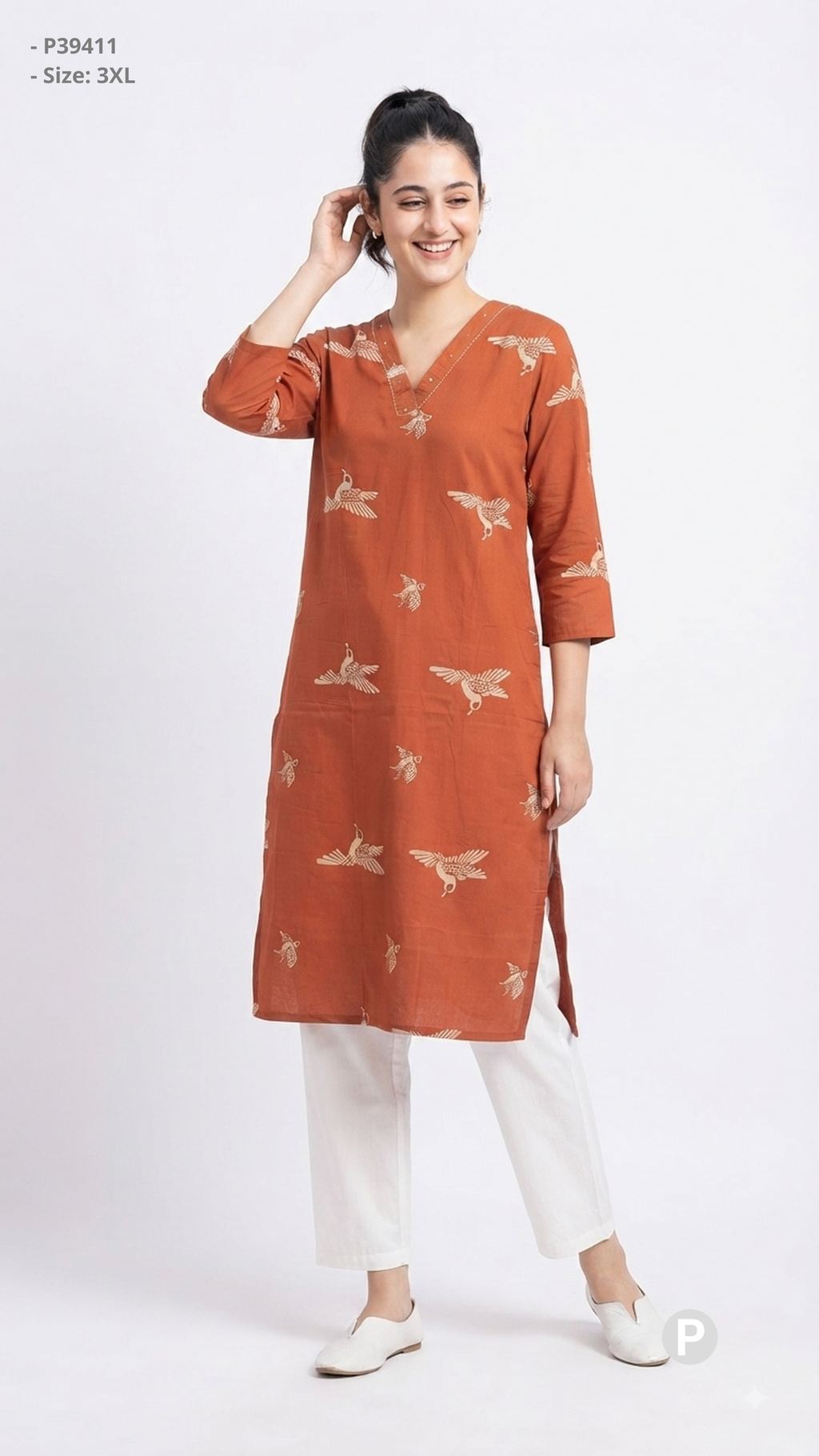 Orange Cotton Straight Single Kurti | P39411