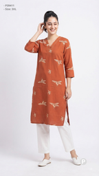 Orange Cotton Straight Single Kurti | P39411