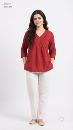 Red Cotton Plain Short Kurti | P39417