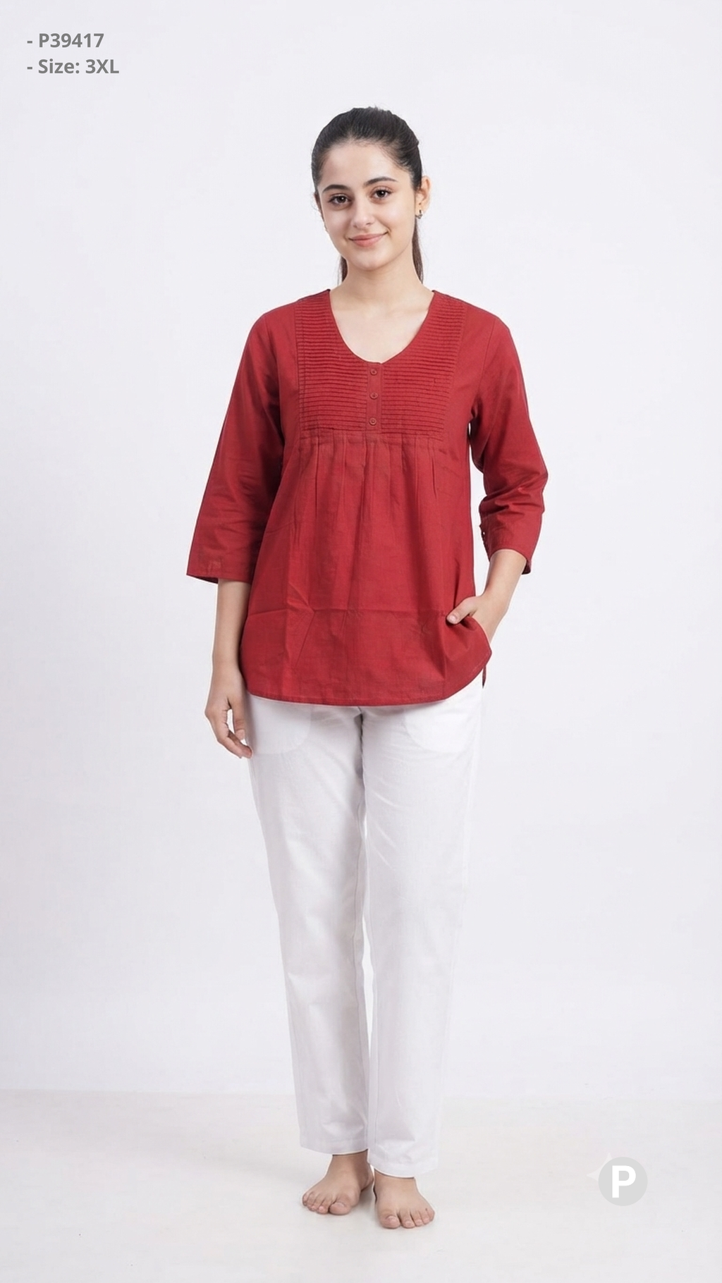Red Cotton Plain Short Kurti | P39417