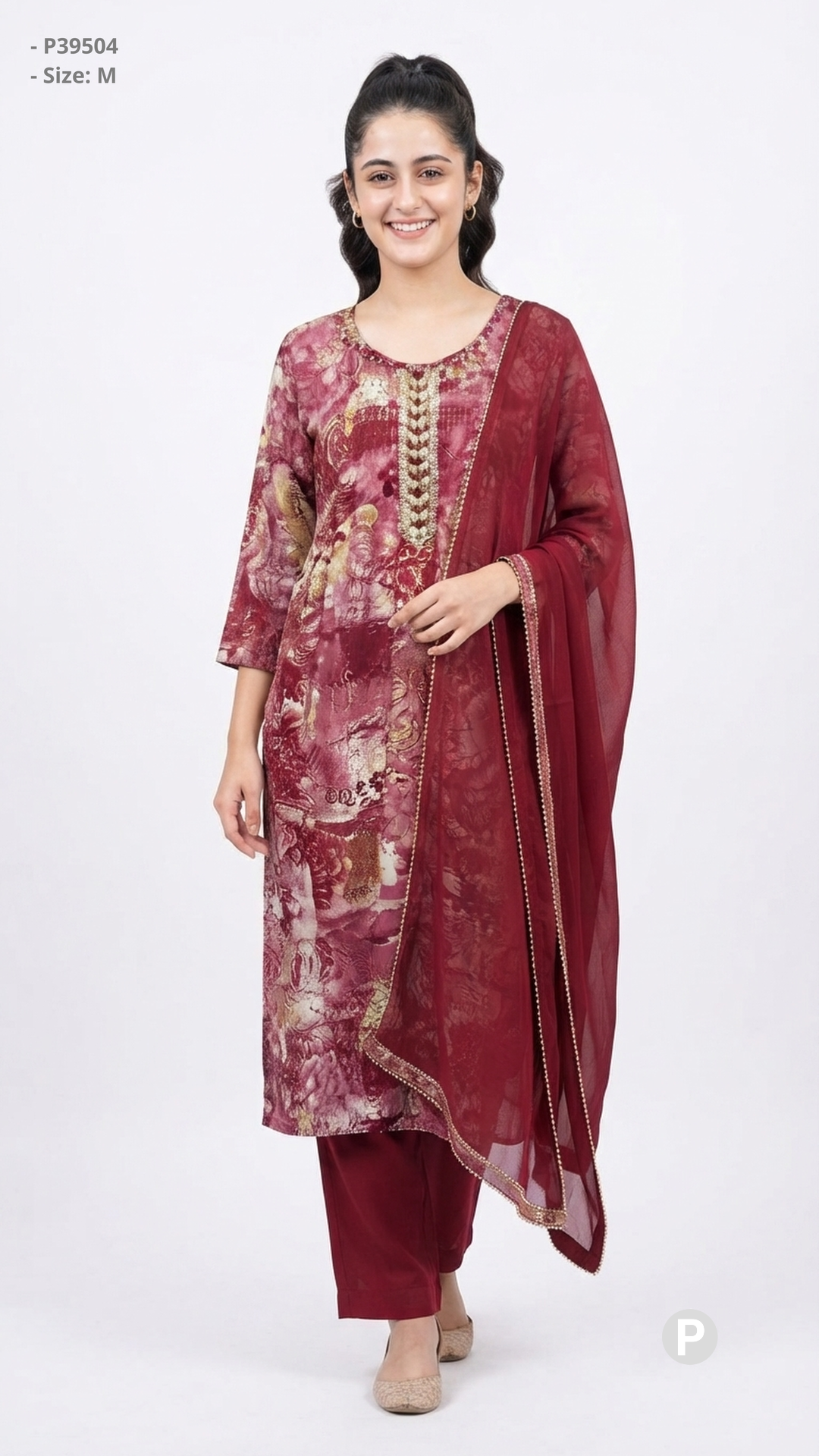 Maroon Cotton Printed Kurti Set | P39504