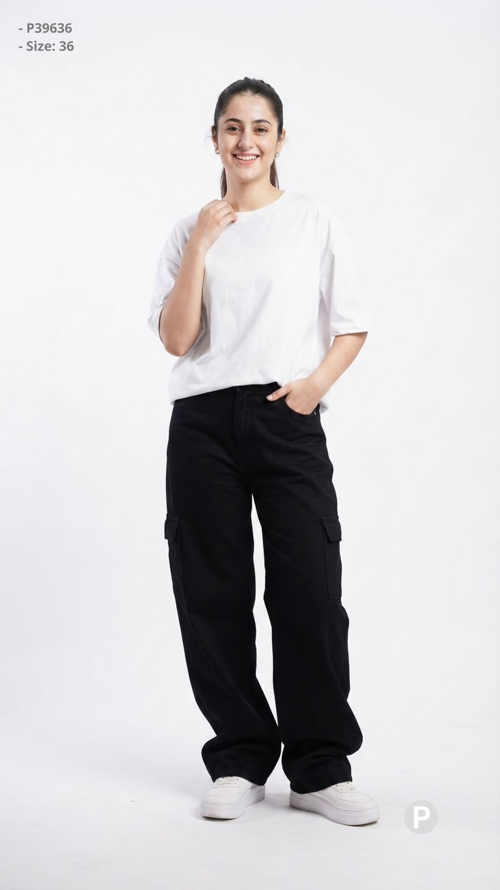 Black Denim Baggy Cargo Jeans | P39636