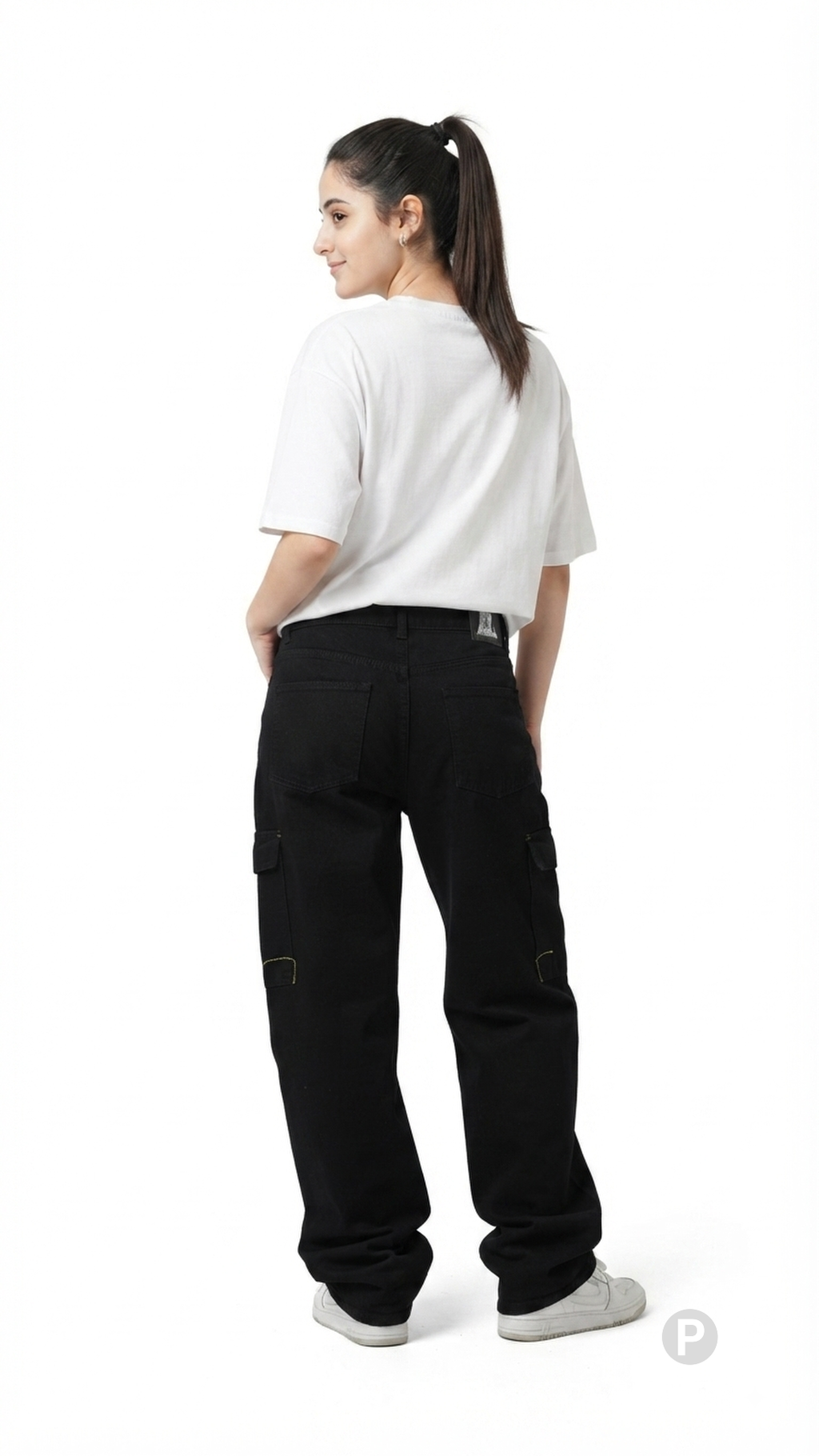 Black Denim Baggy Cargo Jeans | P39636