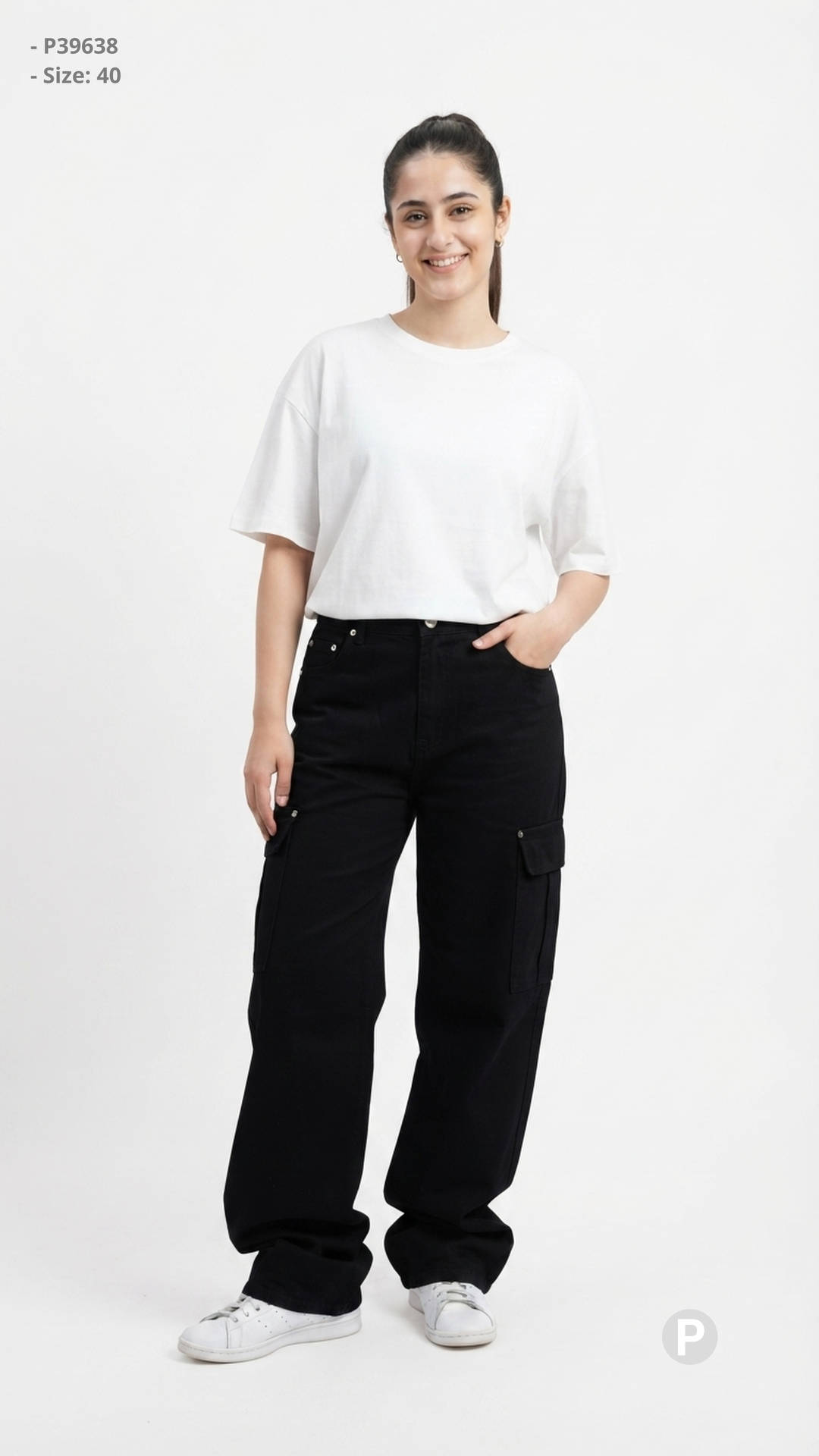 Black Denim Baggy Cargo Jeans | P39638
