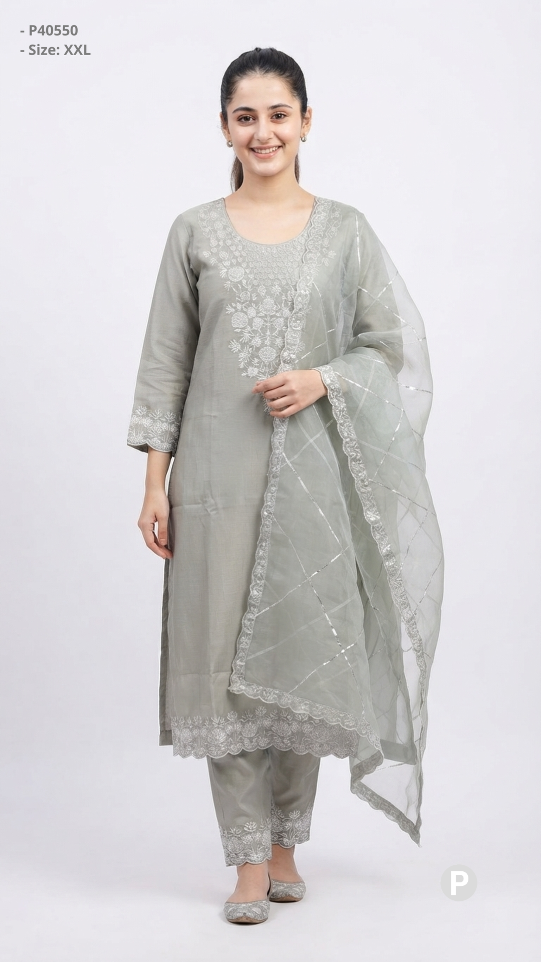 Grey Chanderi Embroidered Kurti Set | P40550