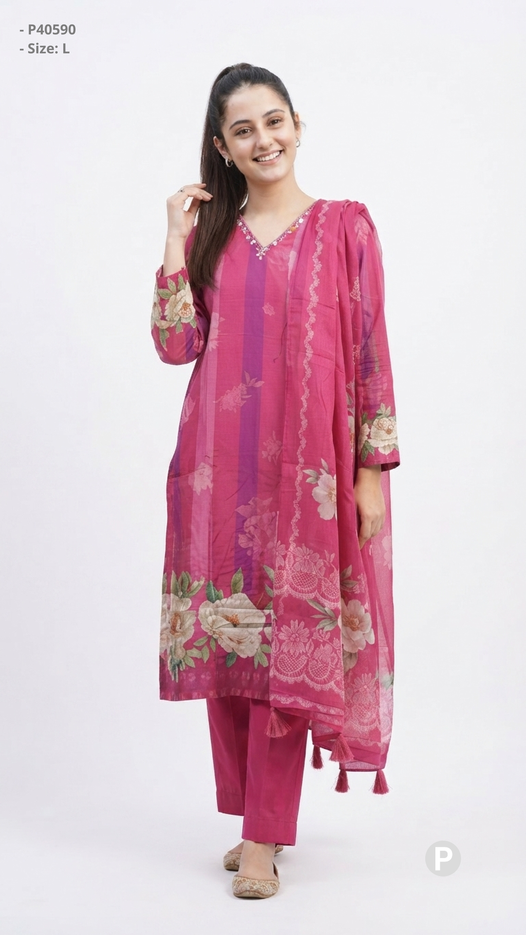Pink Cotton Printed Kurti Set | P40590