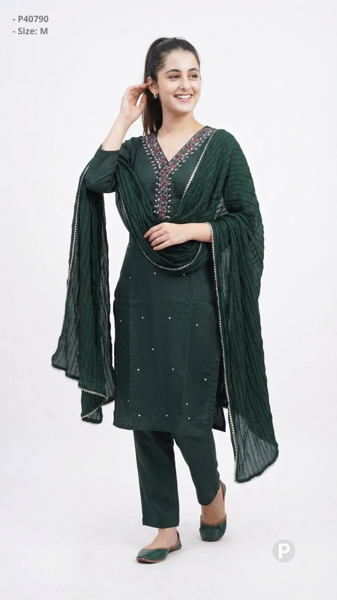 Dark Green Cotton Embroidered Kurti Set | P40790