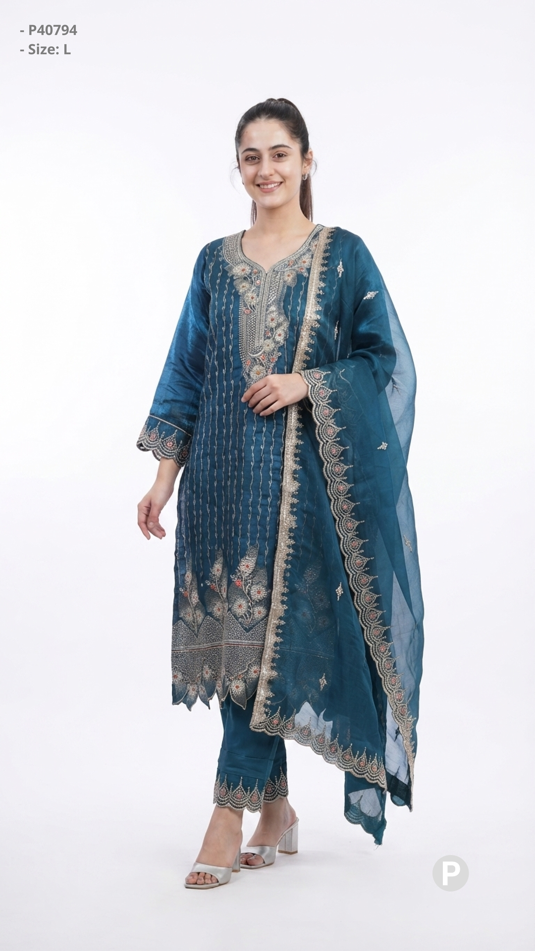 Dark Blue Cotton Embroidered Kurti Set | P40794