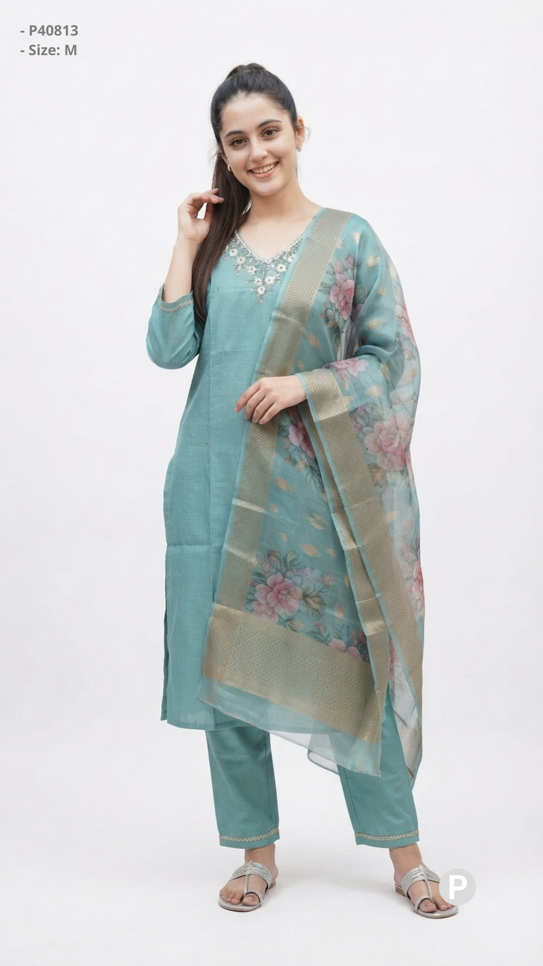 Light Blue Cotton Embroidered Kurti Set | P40813