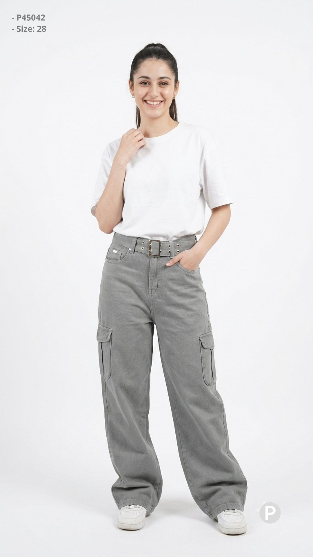 Grey Denim Loose Cargo Jeans | P45042