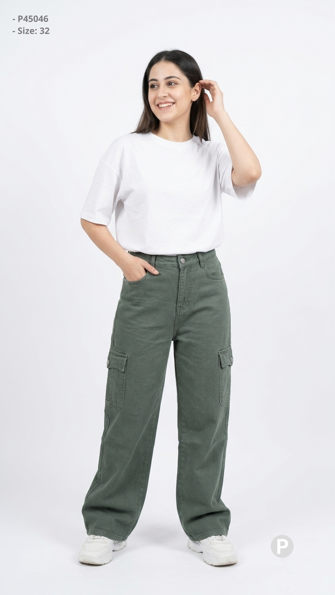 Olive Denim Loose Cargo Jeans | P45046