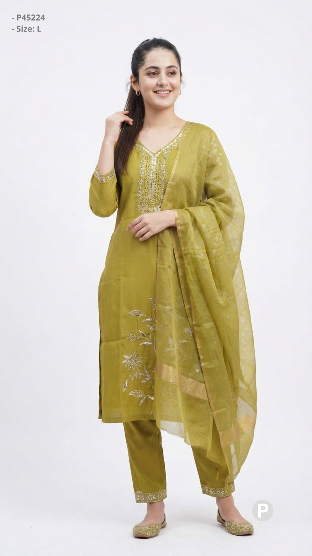 Olive Green Cotton Embroidered Kurti Set | P45224