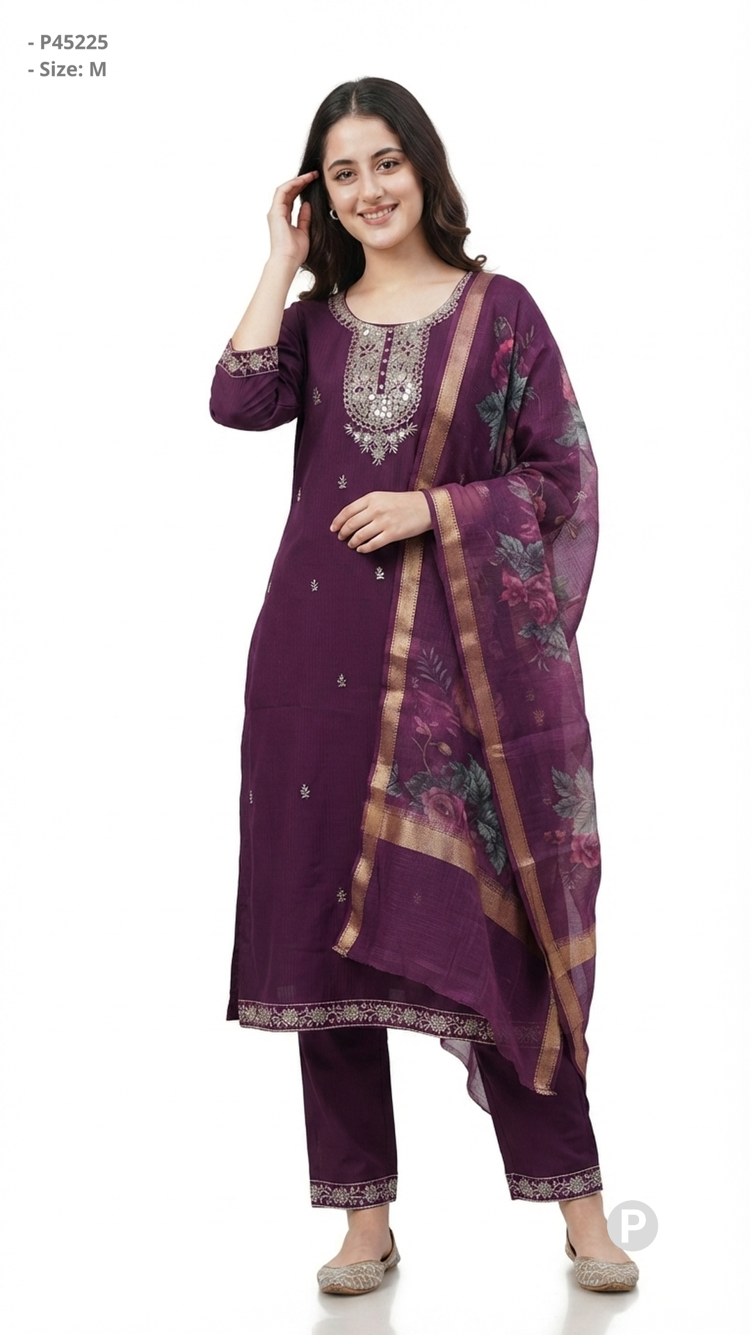 Purple Cotton Embroidered Kurti Set | P45225
