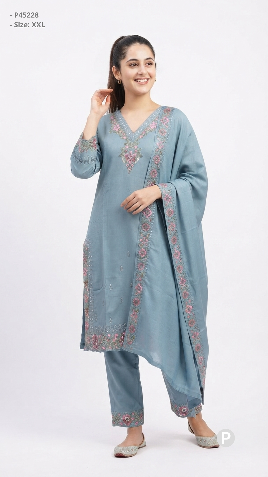 Light Blue Embroidered Kurti Set | P45228