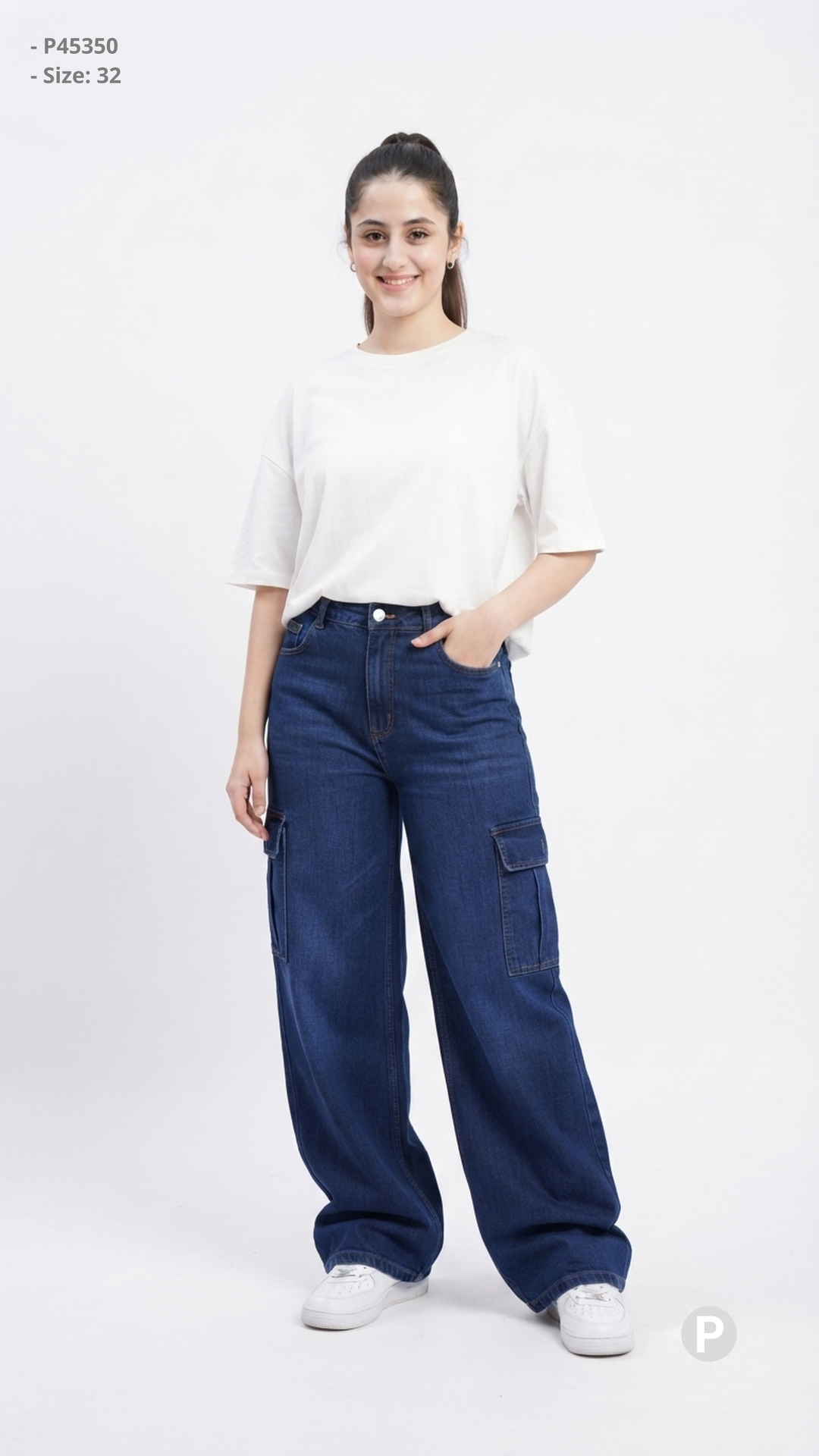 Dark Blue Denim Baggy Cargo Jeans | P45350