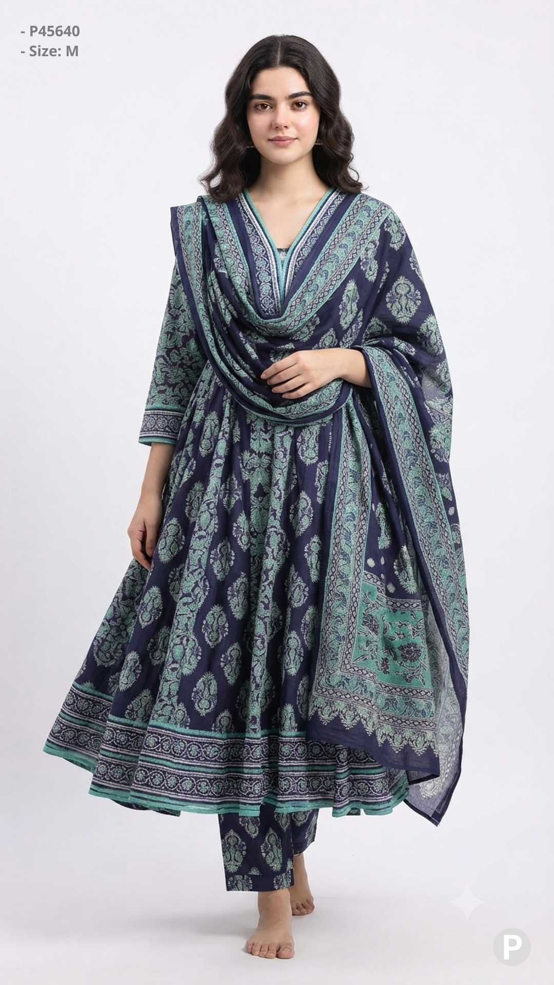 Navy Blue Cotton Printed Kurti Set | P45640